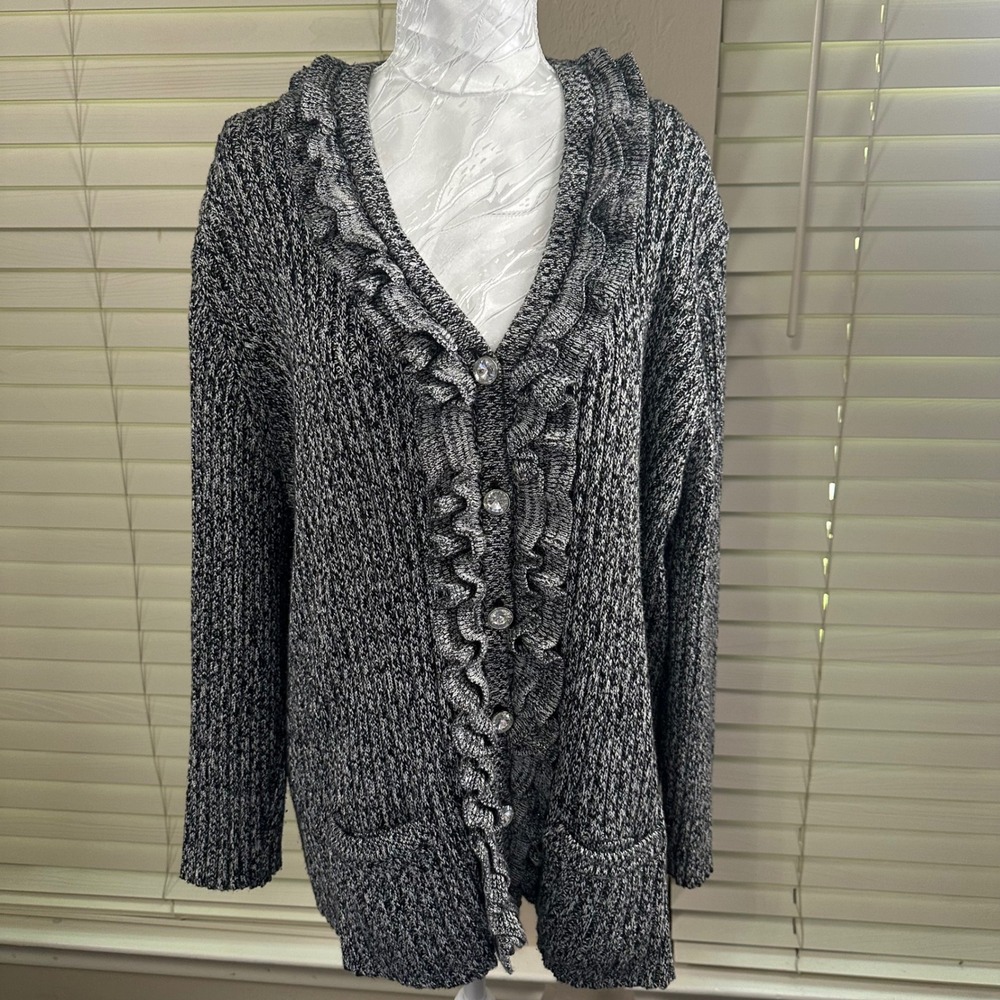 Ruby Rd Woman Cardigan Womens‎ 3X Black Marled Ruffle Metallic Button Front 1114